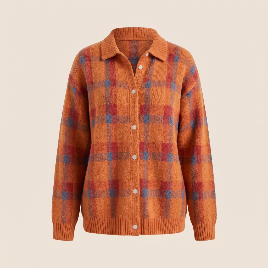 Women’s Collared Plaid Knit Cardigan with Button Front