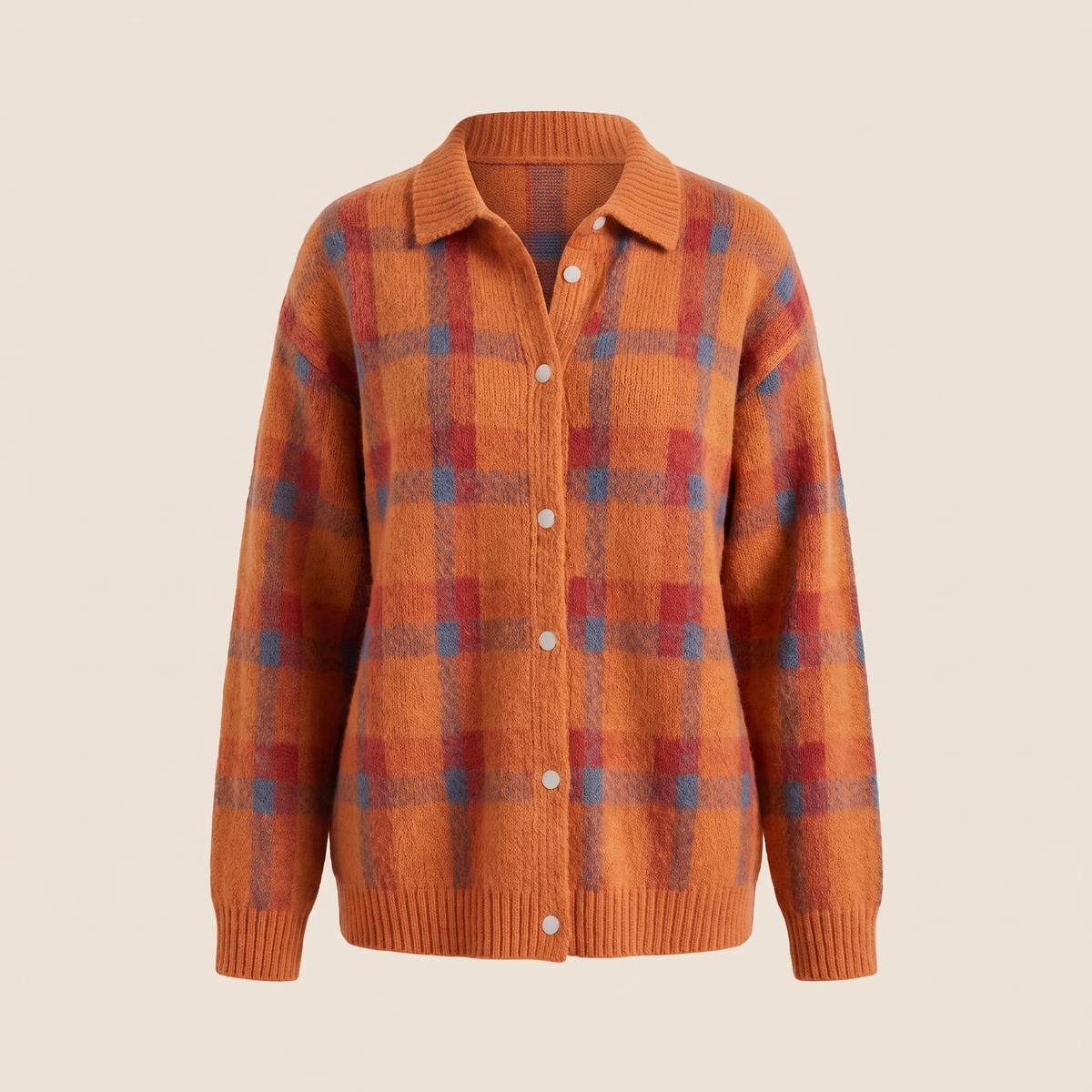 Women’s Collared Plaid Knit Cardigan with Button Front