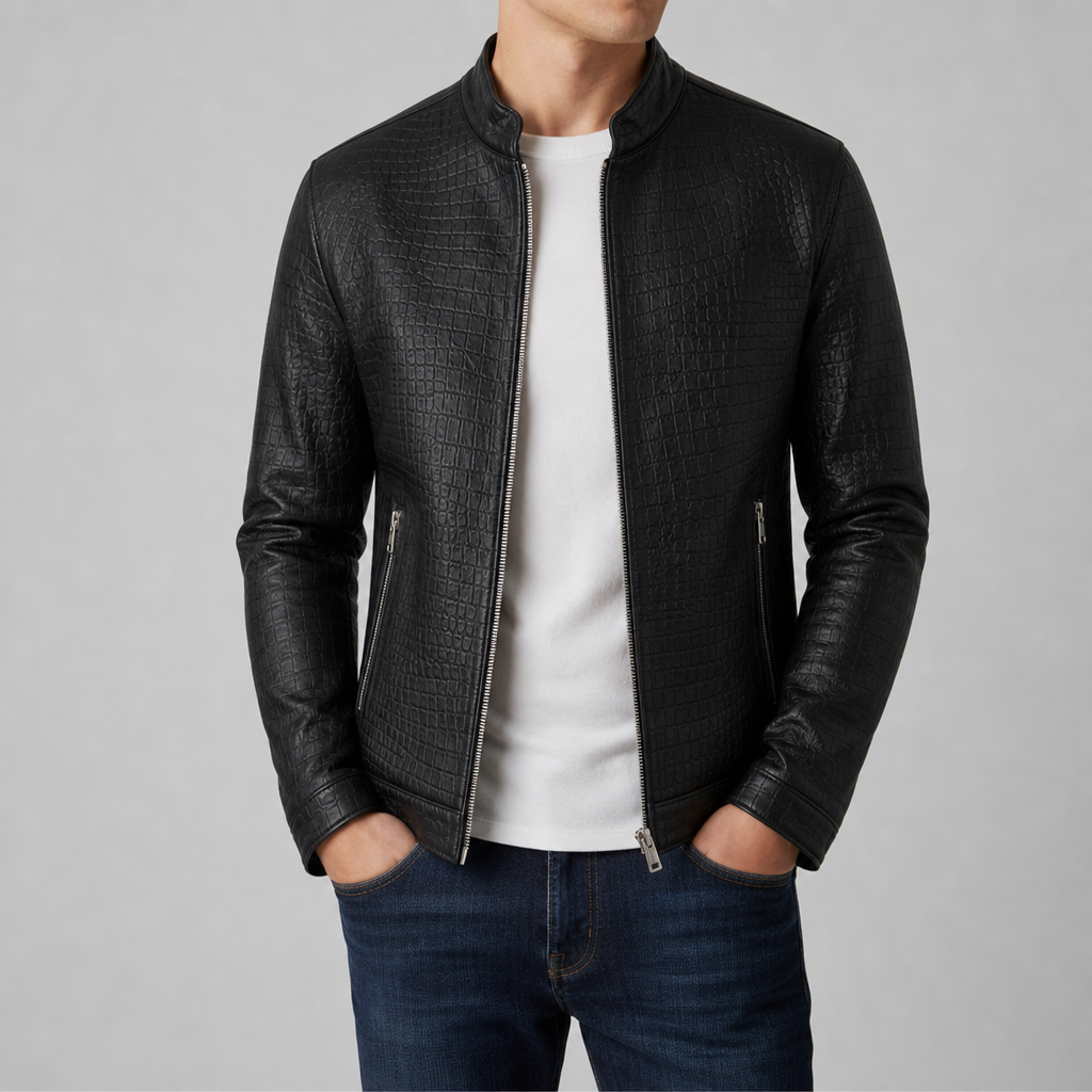 Men’s Croc-Embossed Faux Leather Racer Jacket