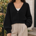 Women’s Chunky Knit Cropped V-Neck Button Cardigan
