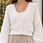 Women’s Chunky Knit Cropped V-Neck Button Cardigan