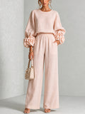 Women’s Flower Cuff Blouse and Wide-Leg Trouser Set