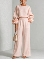 Women’s Flower Cuff Blouse and Wide-Leg Trouser Set