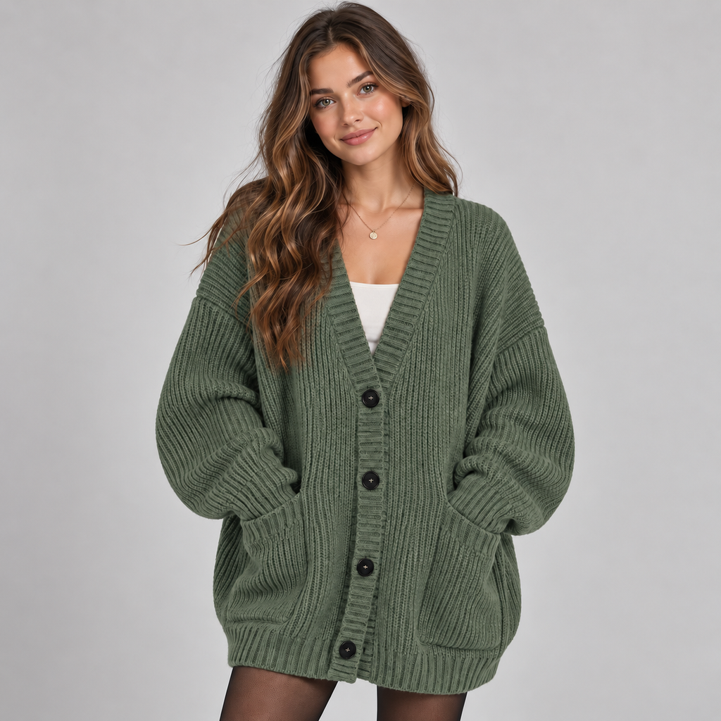 Women's Oversized Ribbed Knit V-Neck Cardigan with Pockets