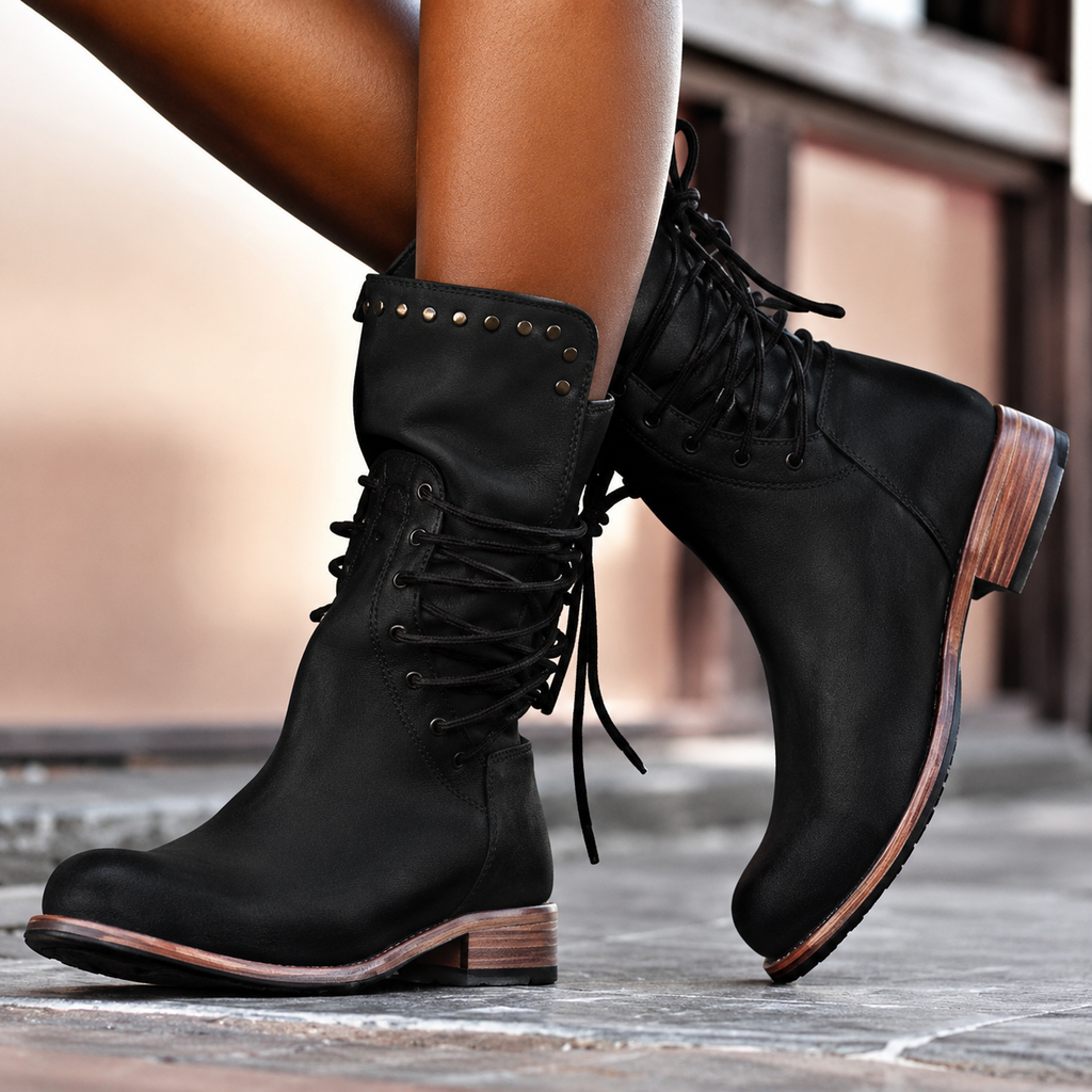 Women’s Studded Lace-Up Mid-Calf Boots with Stacked Heel