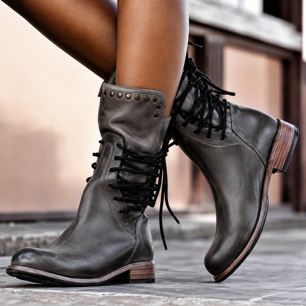 Women’s Studded Lace-Up Mid-Calf Boots with Stacked Heel