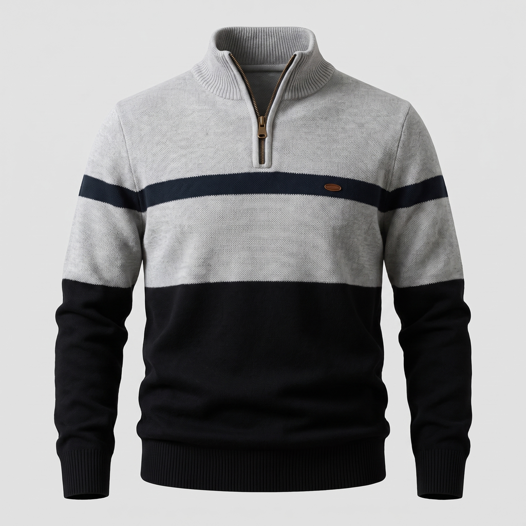 Men’s Colour Block Quarter-Zip Knit Sweater with Chest Stripe