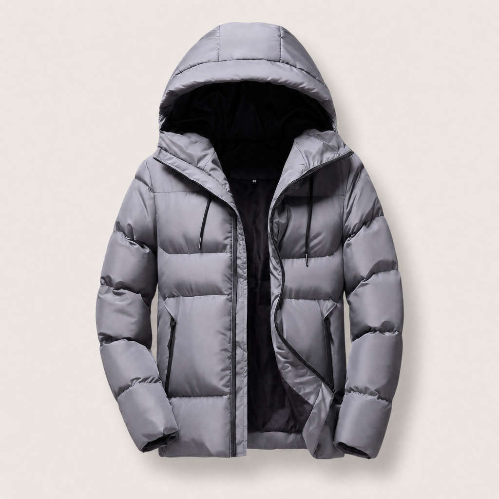 Men's Hooded Quilted Puffer Jacket with Zip Pockets