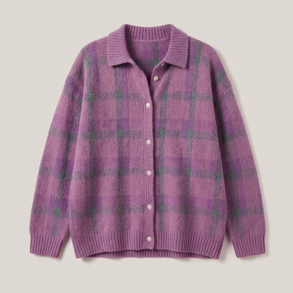 Women’s Collared Plaid Knit Cardigan with Button Front