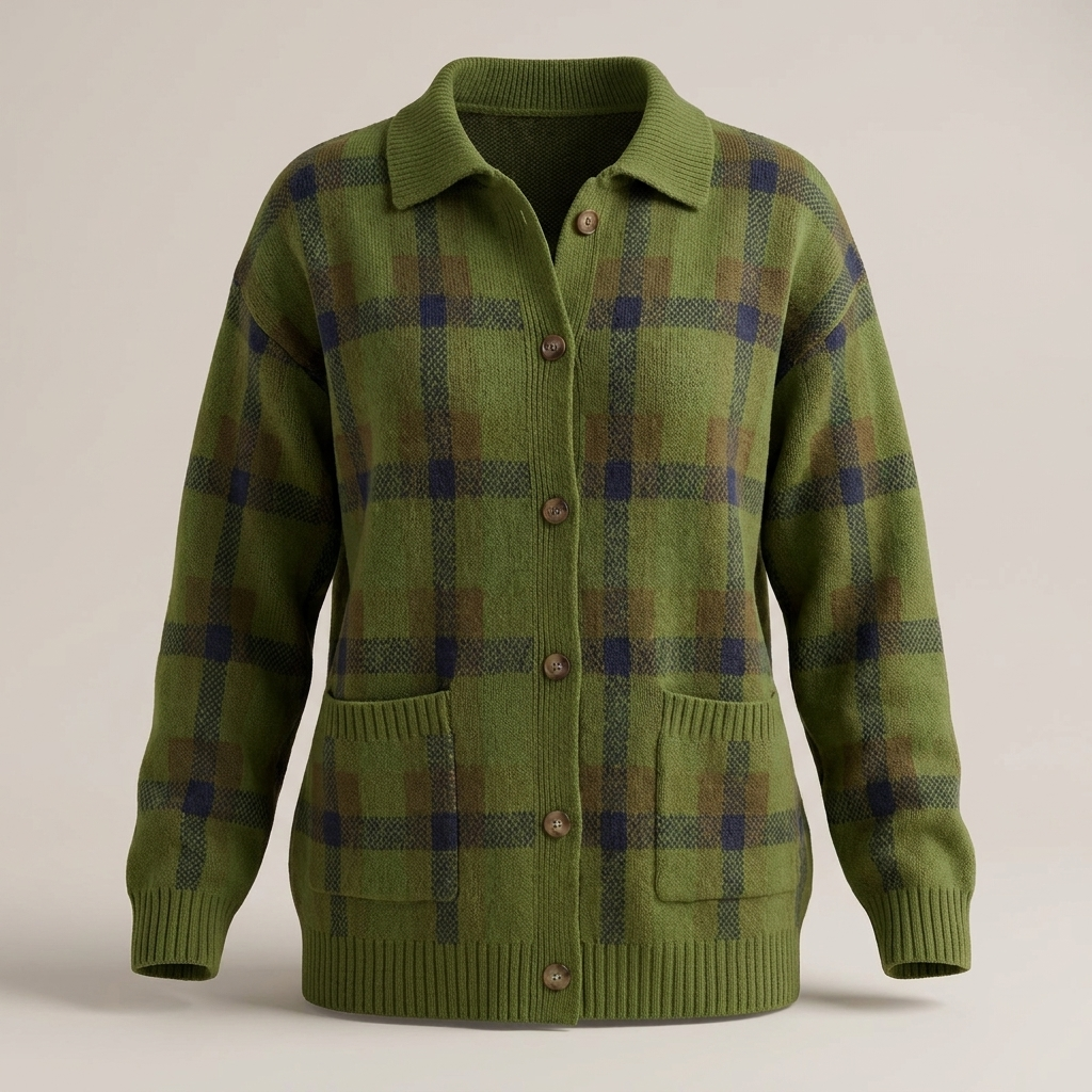 Women’s Collared Plaid Knit Cardigan with Button Front