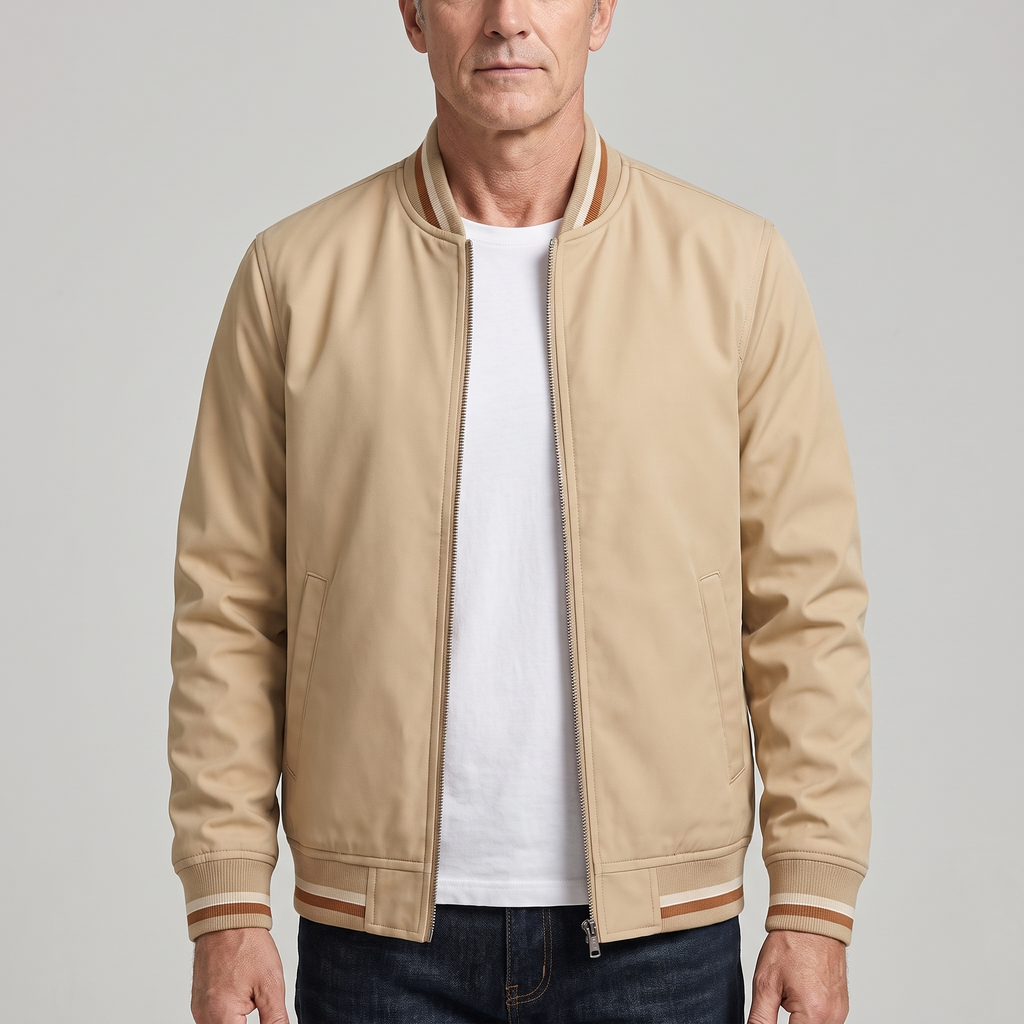 Men’s Varsity Bomber Jacket with Striped Ribbed Trims