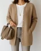 Women’s Longline Fluffy Knit Crew Neck Button Cardigan