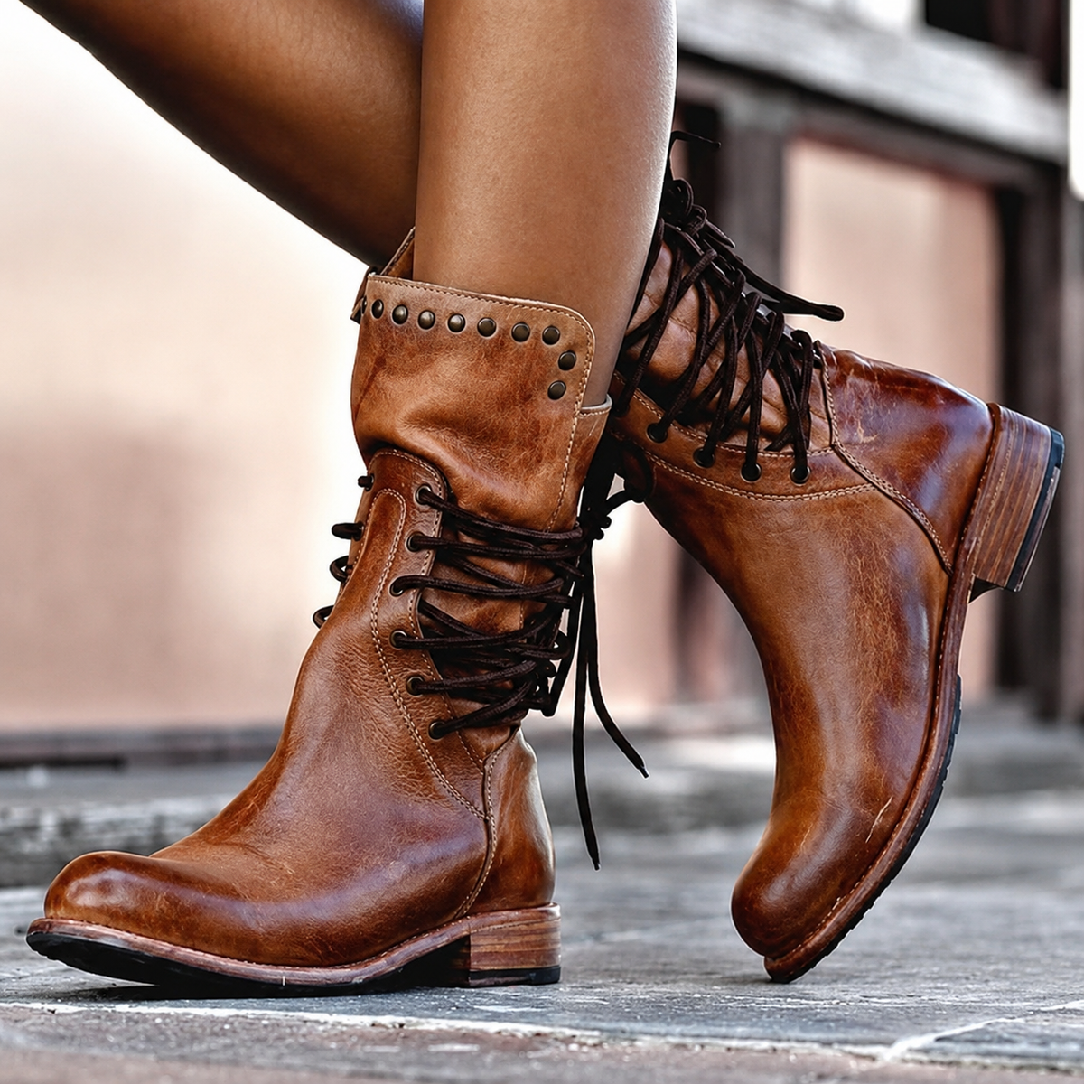 Women’s Studded Lace-Up Mid-Calf Boots with Stacked Heel