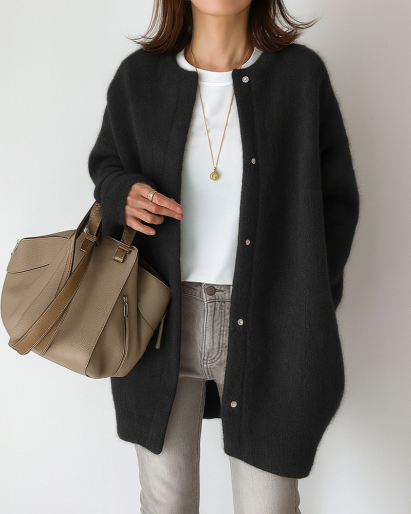 Women’s Longline Fluffy Knit Crew Neck Button Cardigan