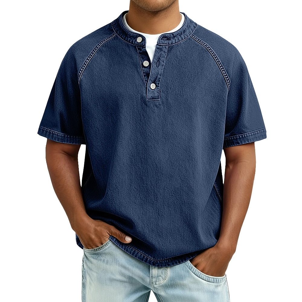 Men's Short Sleeve Band Collar Button Henley Tee