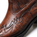 Men's ankle cowboy boots with pointed toes, elastic side panels and decorative stitched detailing