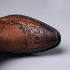 Men's ankle cowboy boots with pointed toes, elastic side panels and decorative stitched detailing