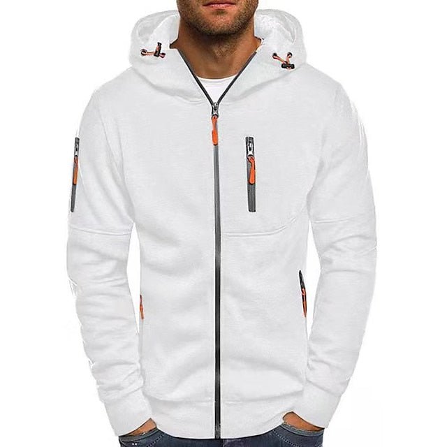 Men's hooded zip hoodie with long sleeves, multiple zipped pockets and drawcord hood