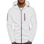 Men's hooded zip hoodie with long sleeves, multiple zipped pockets and drawcord hood