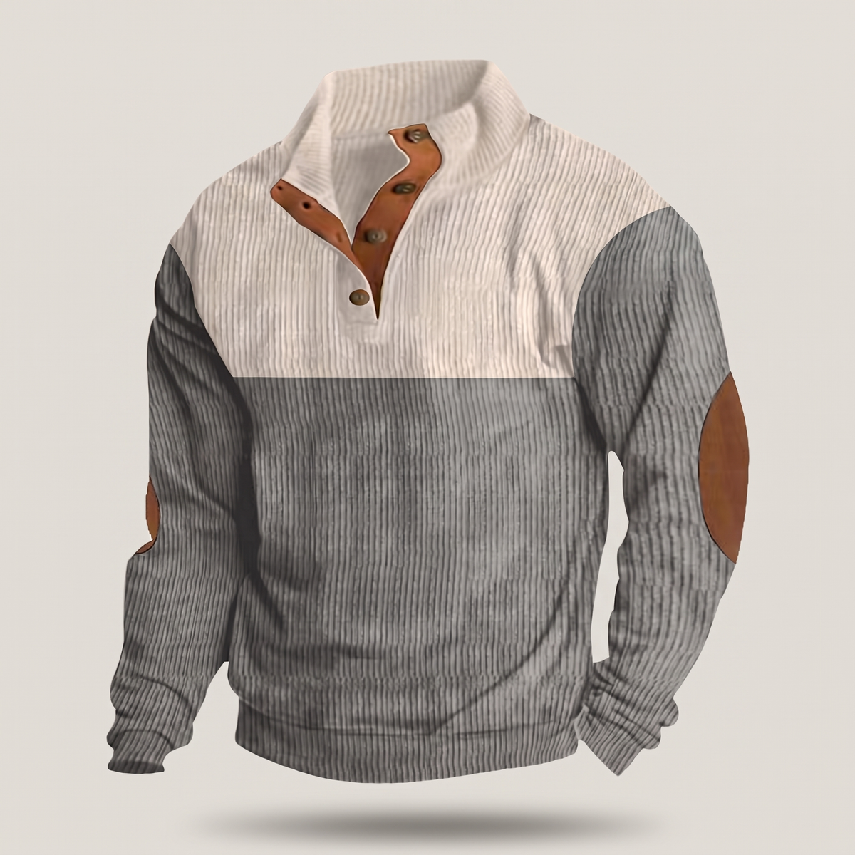 Men’s Colour Block Ribbed Snap Collar Pullover with Elbow Patches