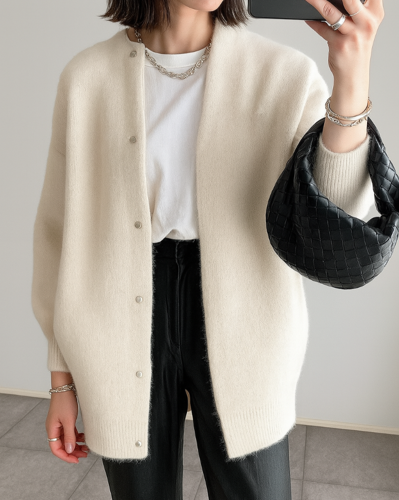 Women’s Longline Fluffy Knit Crew Neck Button Cardigan