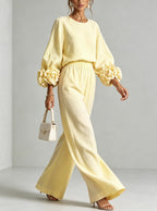 Women’s Flower Cuff Blouse and Wide-Leg Trouser Set