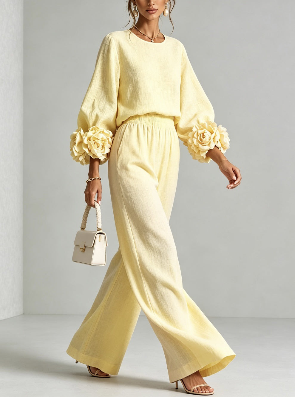 Women’s Flower Cuff Blouse and Wide-Leg Trouser Set