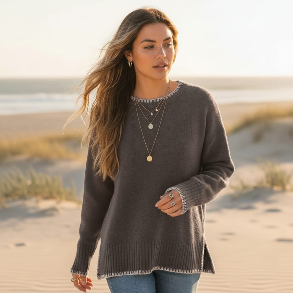 Women’s Oversized Knit Sweater with Contrast Blanket Stitch Trim