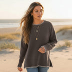 Women’s Oversized Knit Sweater with Contrast Blanket Stitch Trim