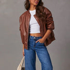 Women's Oversized Zip-Up Faux Leather Bomber Jacket