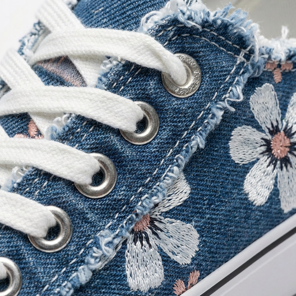 Women's Floral Print Distressed Denim Sneakers