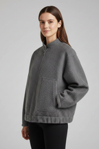 Women's Oversized Textured Bomber Jacket with Stand Collar