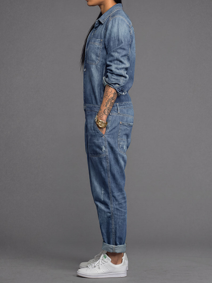Women's Denim Button-Front Relaxed Fit Jumpsuit
