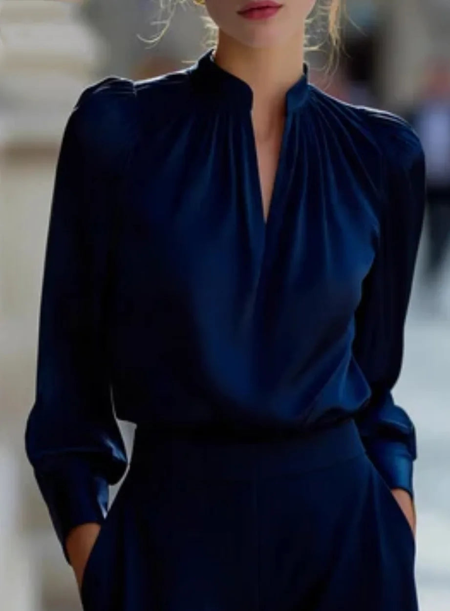 Women's Satin V-Neck Long Sleeve Blouse