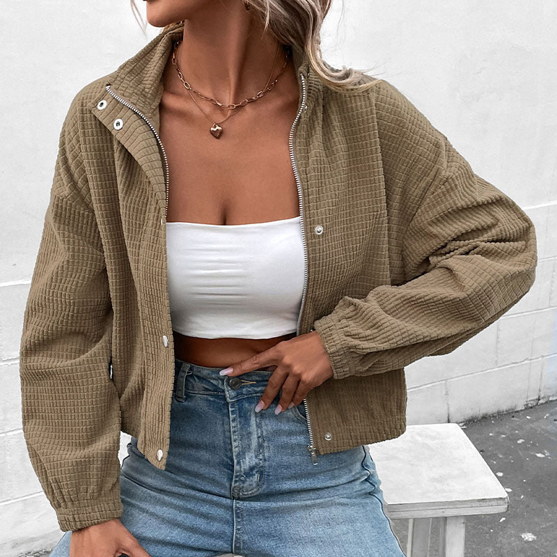 Women's Waffle Knit Snap-Button Stand Collar Jacket