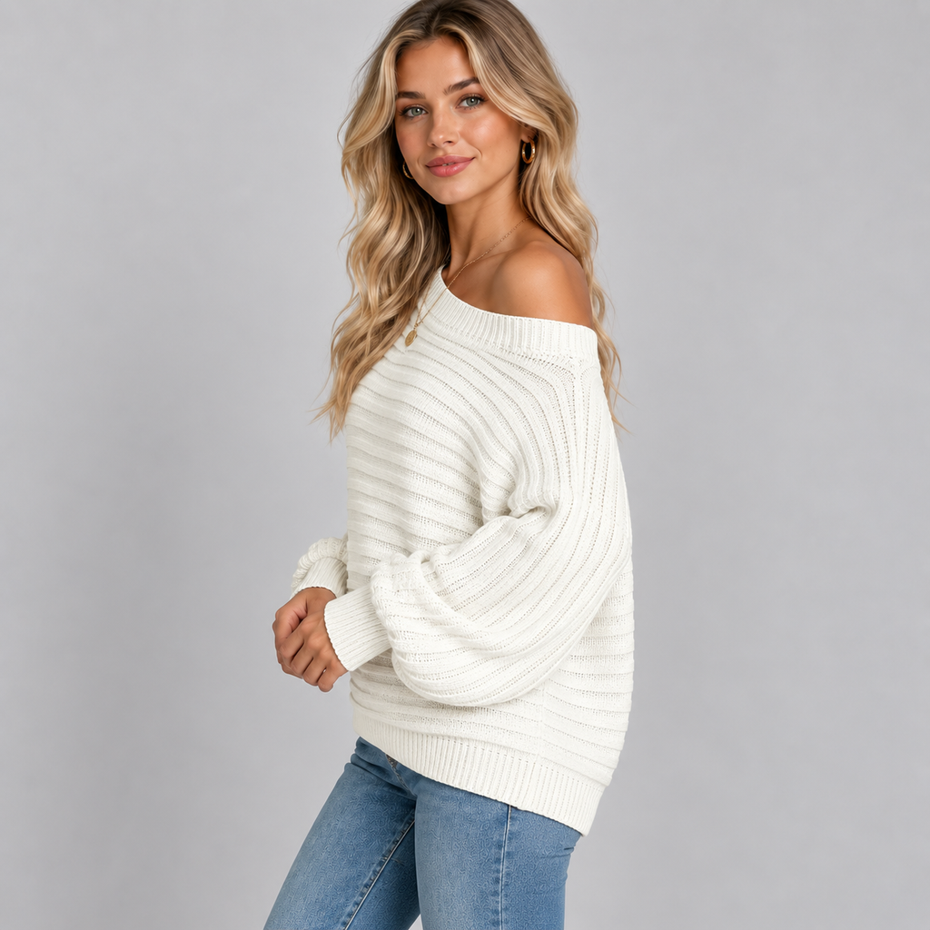 Women's Off-Shoulder Ribbed Knit Batwing Sweater