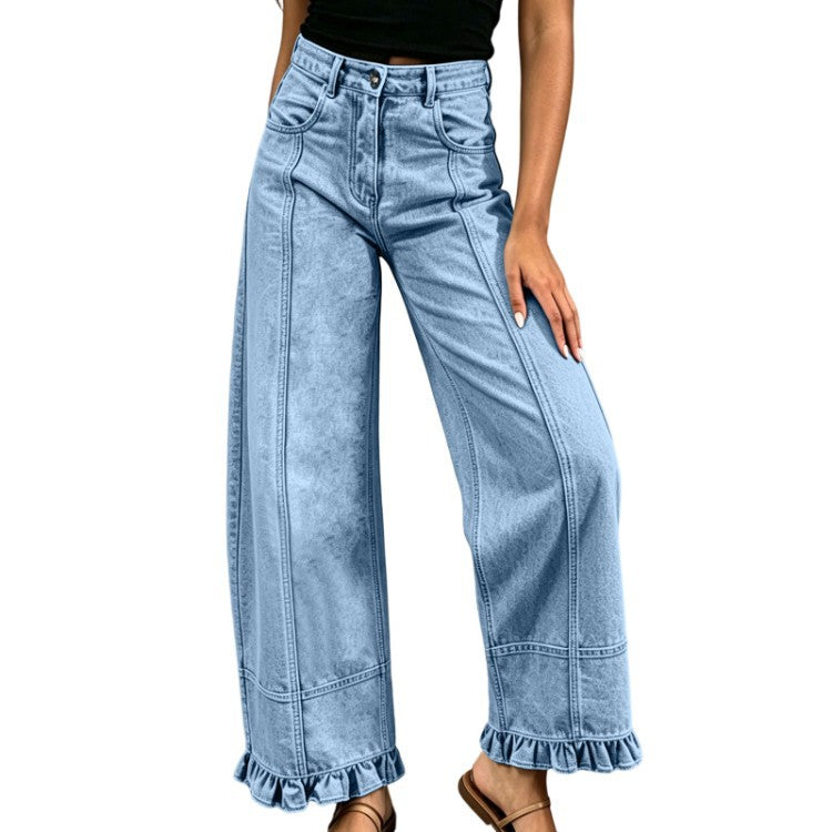 Women's High-Waisted Wide-Leg Jeans with Ruffle Hem