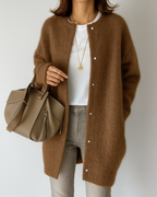 Women’s Longline Fluffy Knit Crew Neck Button Cardigan