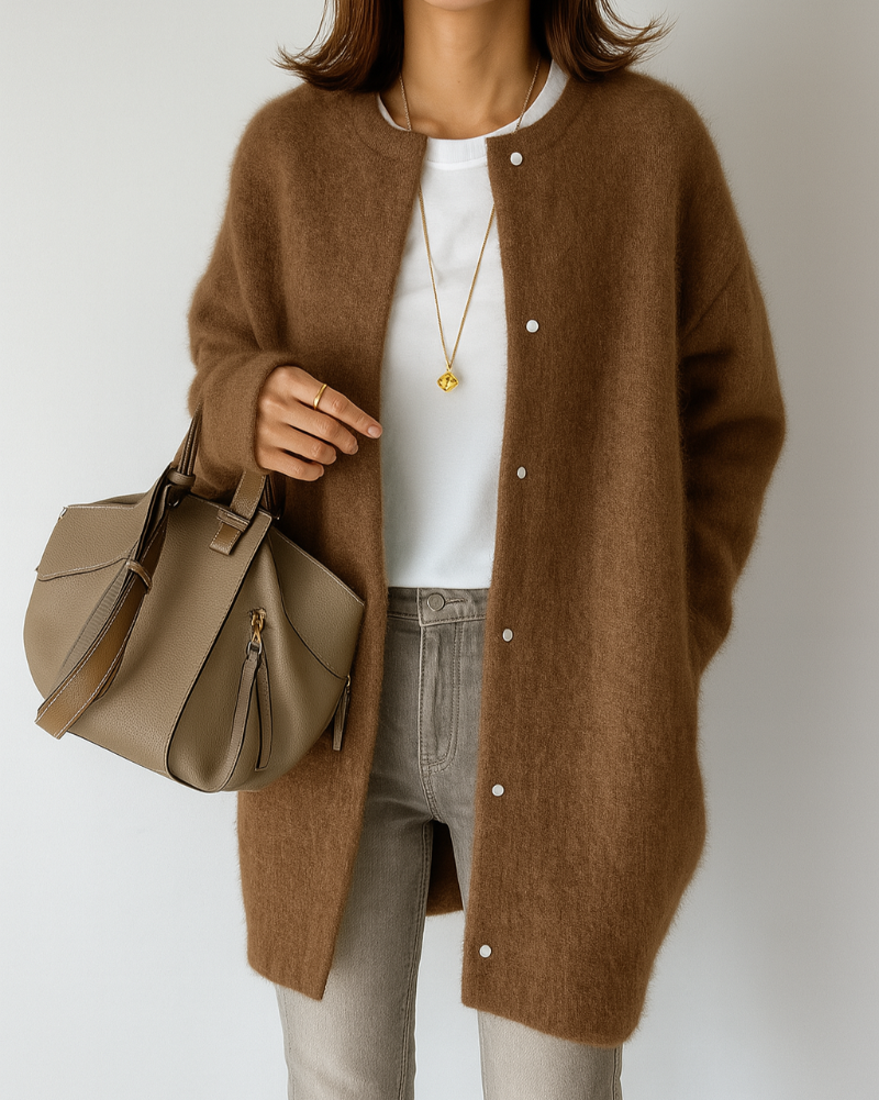 Women’s Longline Fluffy Knit Crew Neck Button Cardigan