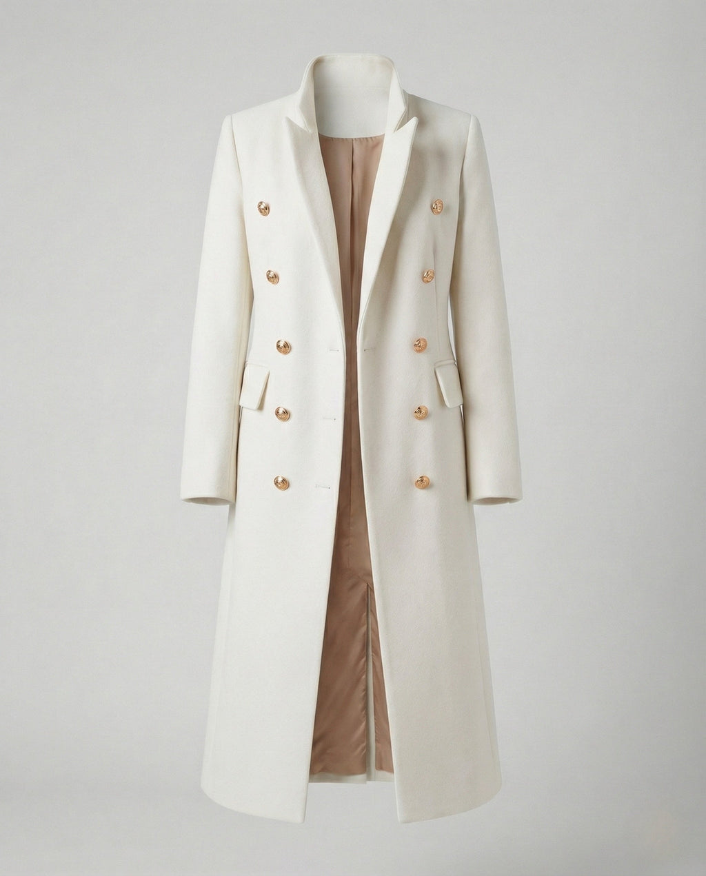 Women’s Military-Style Double-Breasted Maxi Coat with Peak Lapels