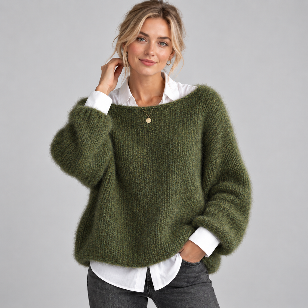 Women's Chunky Fluffy Knit Boat Neck Sweater