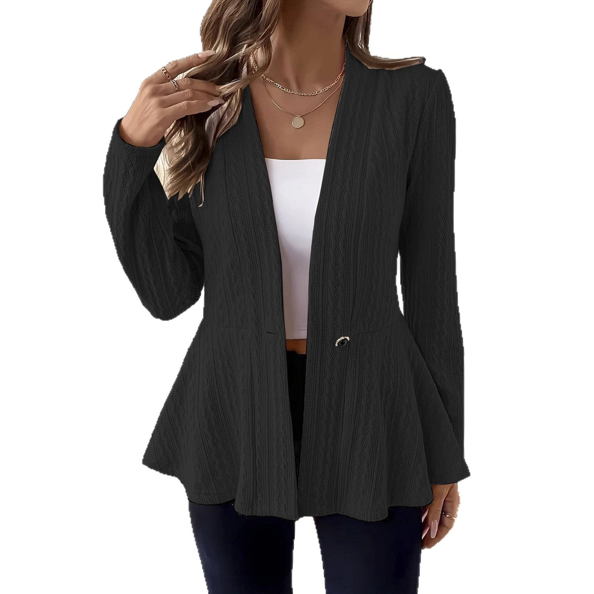 Women’s Textured Knit V-Neck Single-Button Peplum Blazer