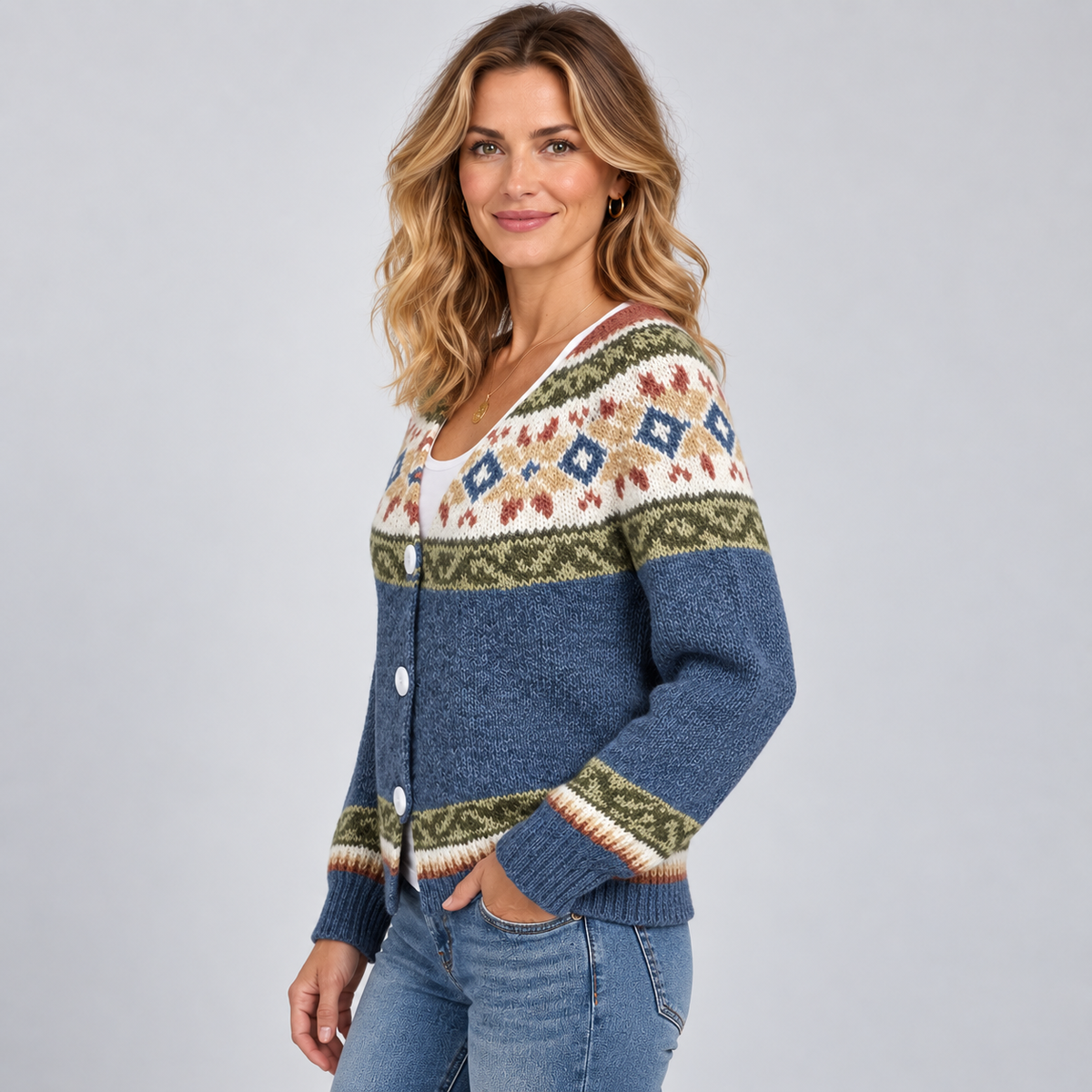 Women's Fair Isle Yoke V-Neck Button Cardigan