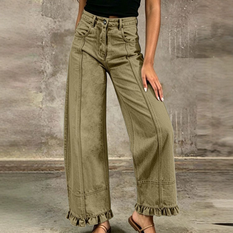 Women's High-Waisted Wide-Leg Jeans with Ruffle Hem