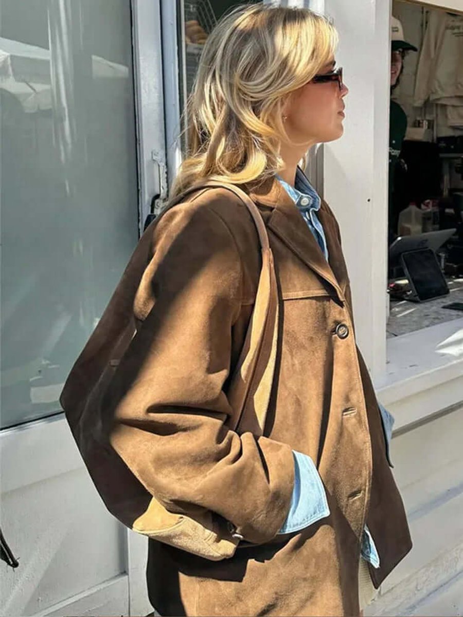 Women's Oversized Notch Collar Suede-Look Blazer