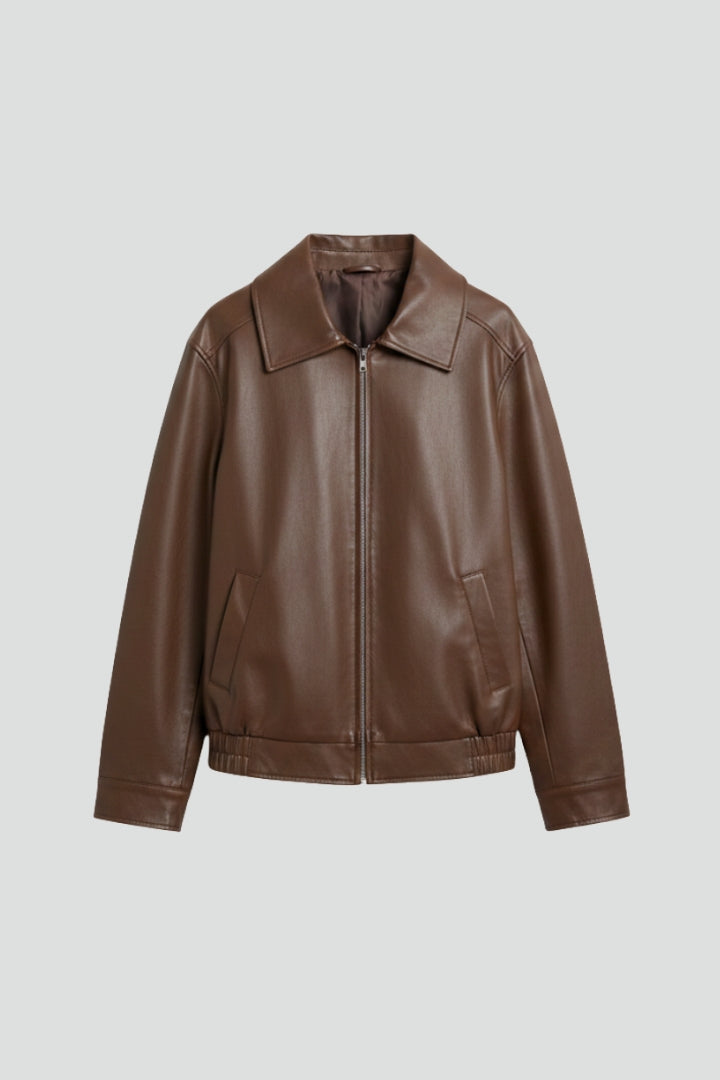 Women's Faux Leather Collared Zip-Up Bomber Jacket