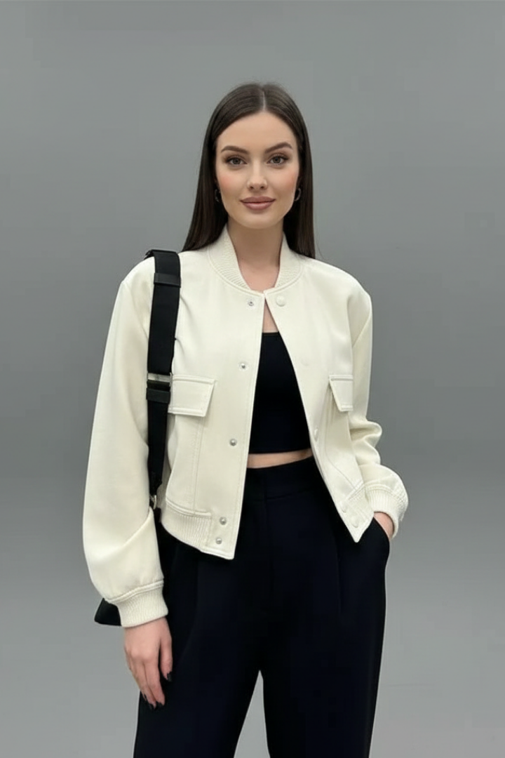 Women's Cropped Snap-Button Bomber Jacket with Flap Pockets