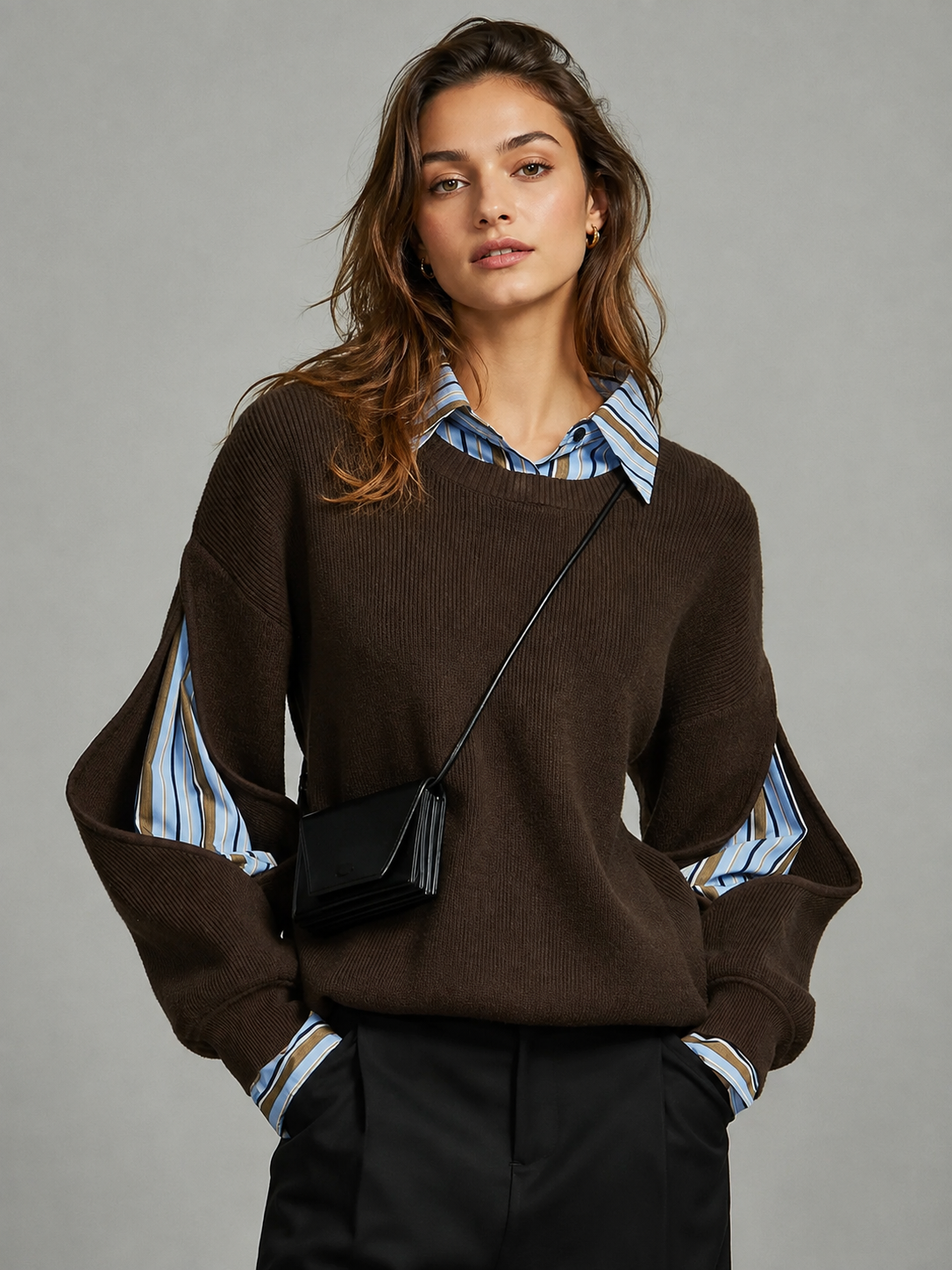 Women’s Oversized Knit Sweater with Striped Shirt Layer and Slit Sleeves