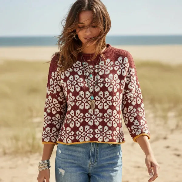Women’s Floral Jacquard Knit Cropped Mock Neck Sweater