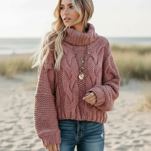Women’s Chunky Cable Knit Cropped Turtleneck Sweater